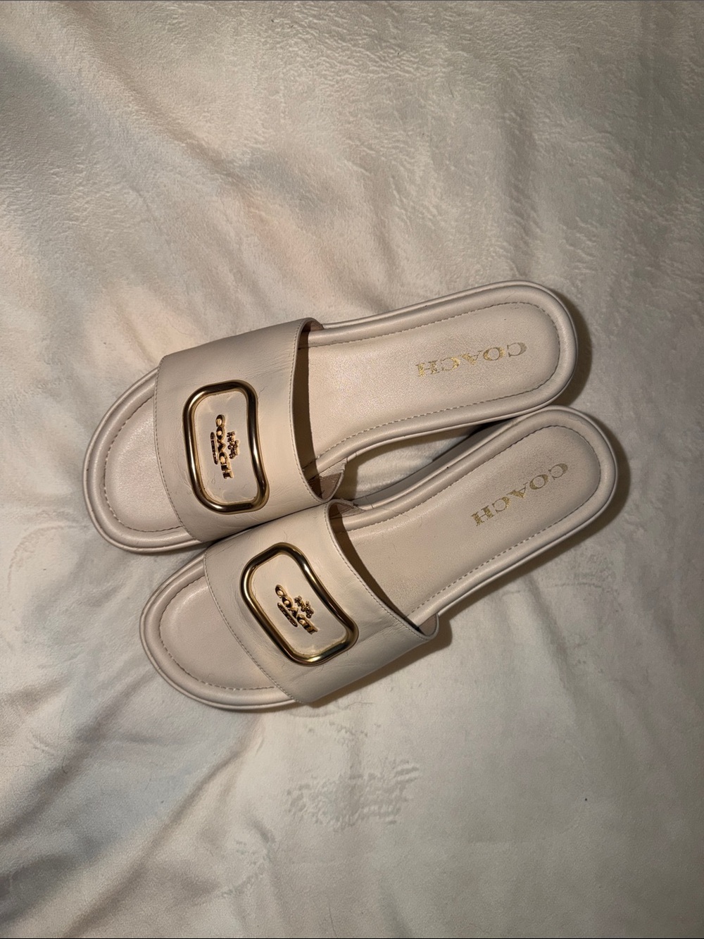 Coach Cream platform  Mules with Gold Logo Plaque